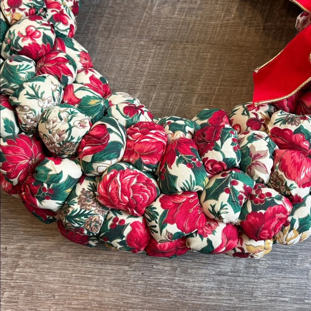 Festive Floral Holiday Wreath with Red Bow Handmade Stuffed Fabric Red 18”